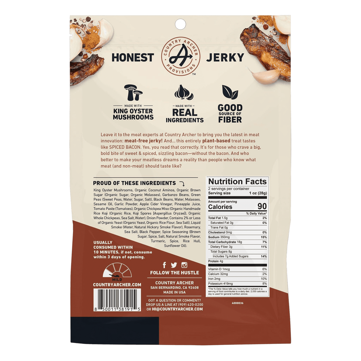 Spiced Bacon Mushroom Jerky by Country Archer, Spiced Bacon Mushroom Jerky, 100% King, mushroom-bacon-jerky, , 2oz Bag