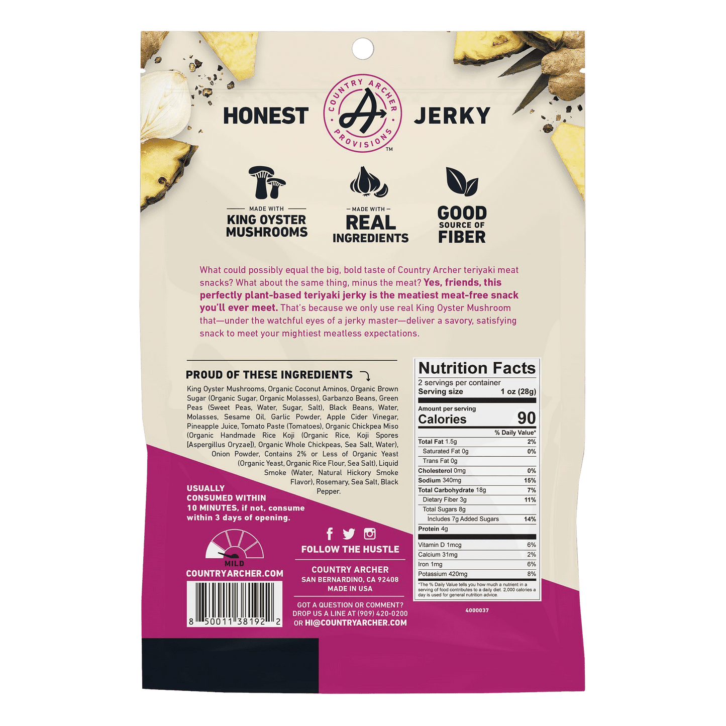 Teriyaki Mushroom Jerky by Country Archer, Teriyaki Mushroom Jerky, 100% King Oyst, mushroom-teriyaki-jerky, , 2oz Bag