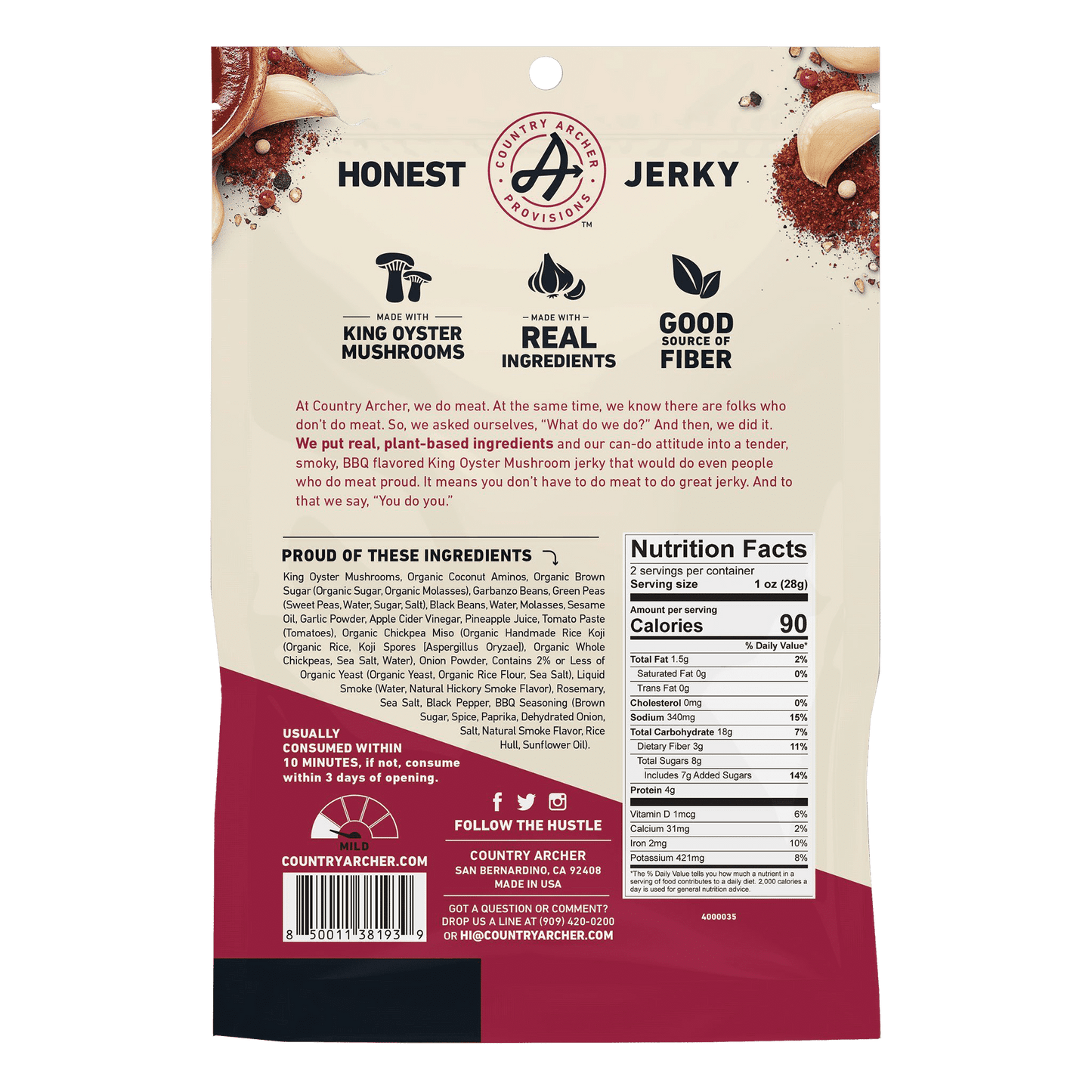 BBQ Mushroom Jerky by Country Archer, BBQ Mushroom Jerky, 100% King Oyster Mushrooms, mushroom-bbq-jerky, , 2oz Bag