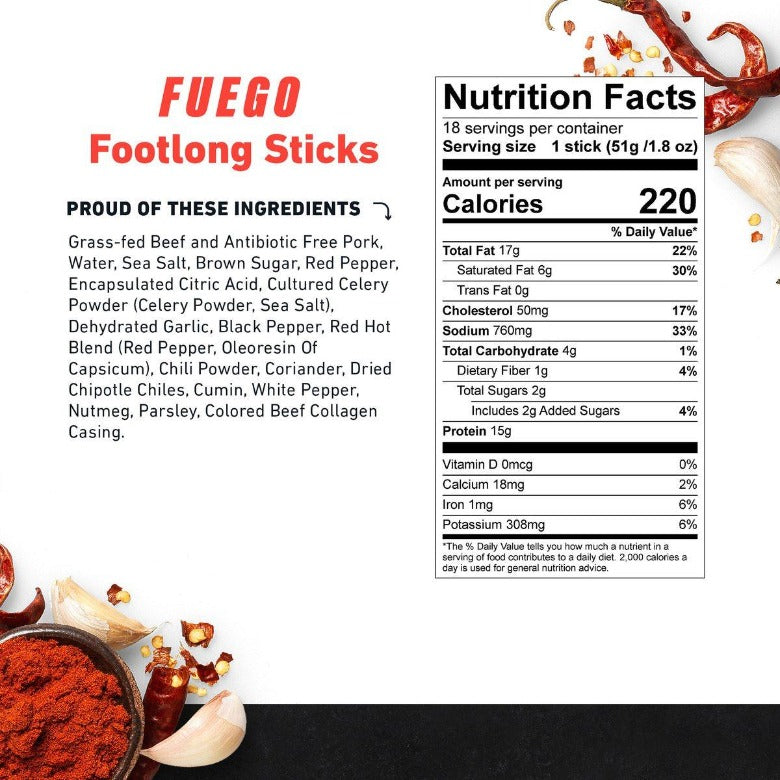 Fuego Footlong Beef & Pork Stick by Country Archer, Fuego Footlong Beef & Pork Stick, Beef - footlong stick - Gluten-Free - Grass Fed Beef - Keto - No Preservatives - Paleo - Real Ingredients - spicy - stick, fuego-footlong-beef-pork-stick, , 1.8oz Stick