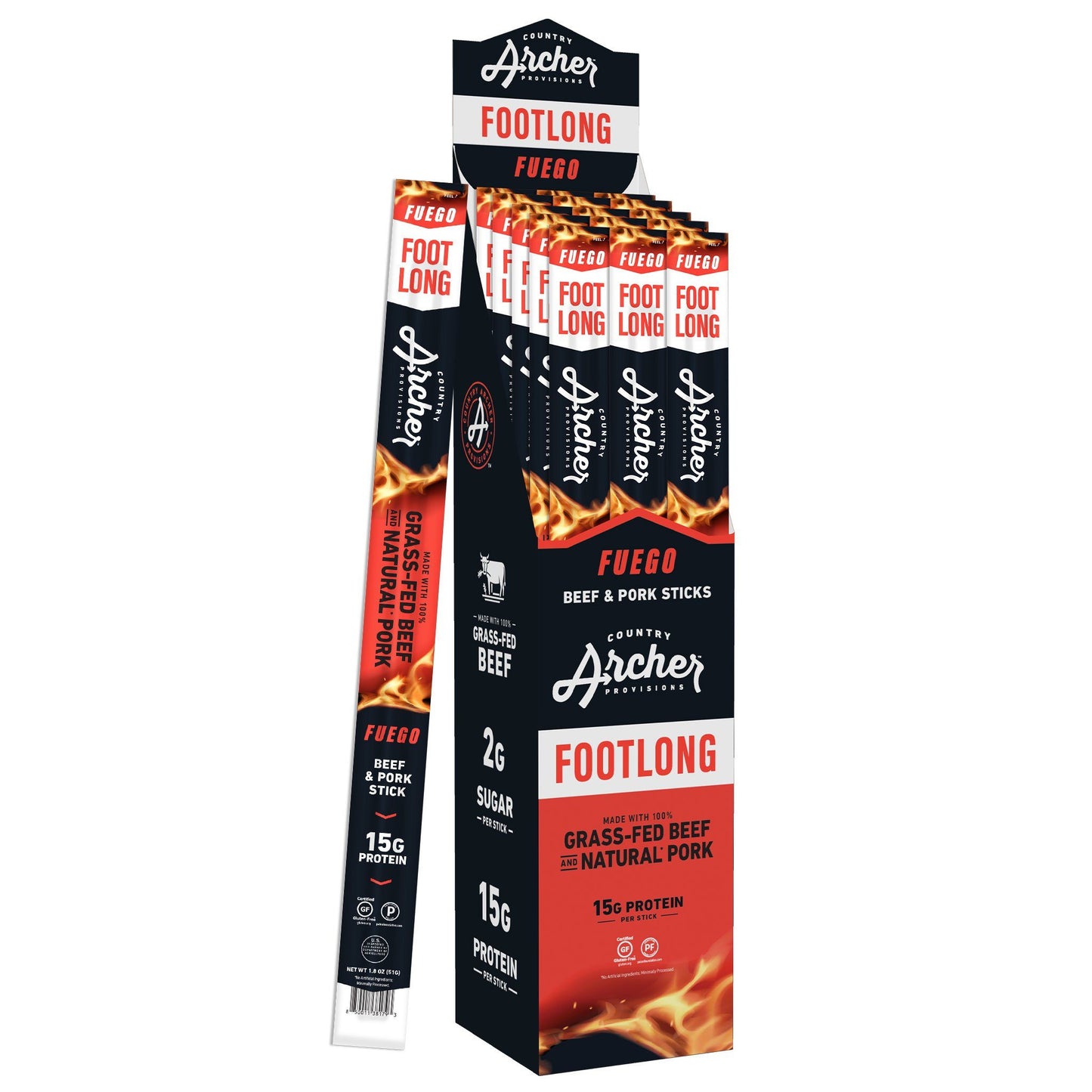 Fuego Footlong Beef & Pork Stick by Country Archer, Fuego Footlong Beef & Pork Stick, Beef - footlong stick - Gluten-Free - Grass Fed Beef - Keto - No Preservatives - Paleo - Real Ingredients - spicy - stick, fuego-footlong-beef-pork-stick, , 1.8oz Stick