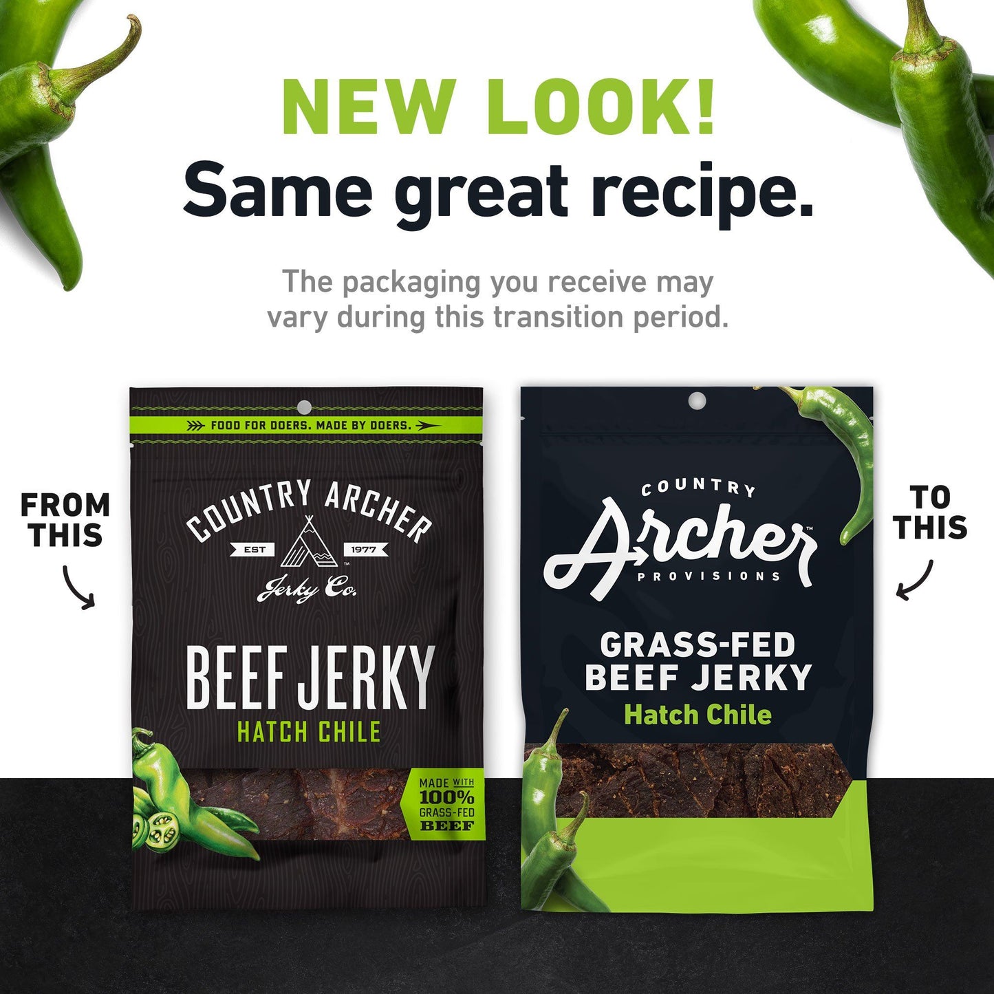 Hatch Chile Beef Jerky by Country Archer, Hatch Chile Beef Jerky, Beef - Gluten-F, hatch-chile-beef-jerky, , 2.5oz Bag