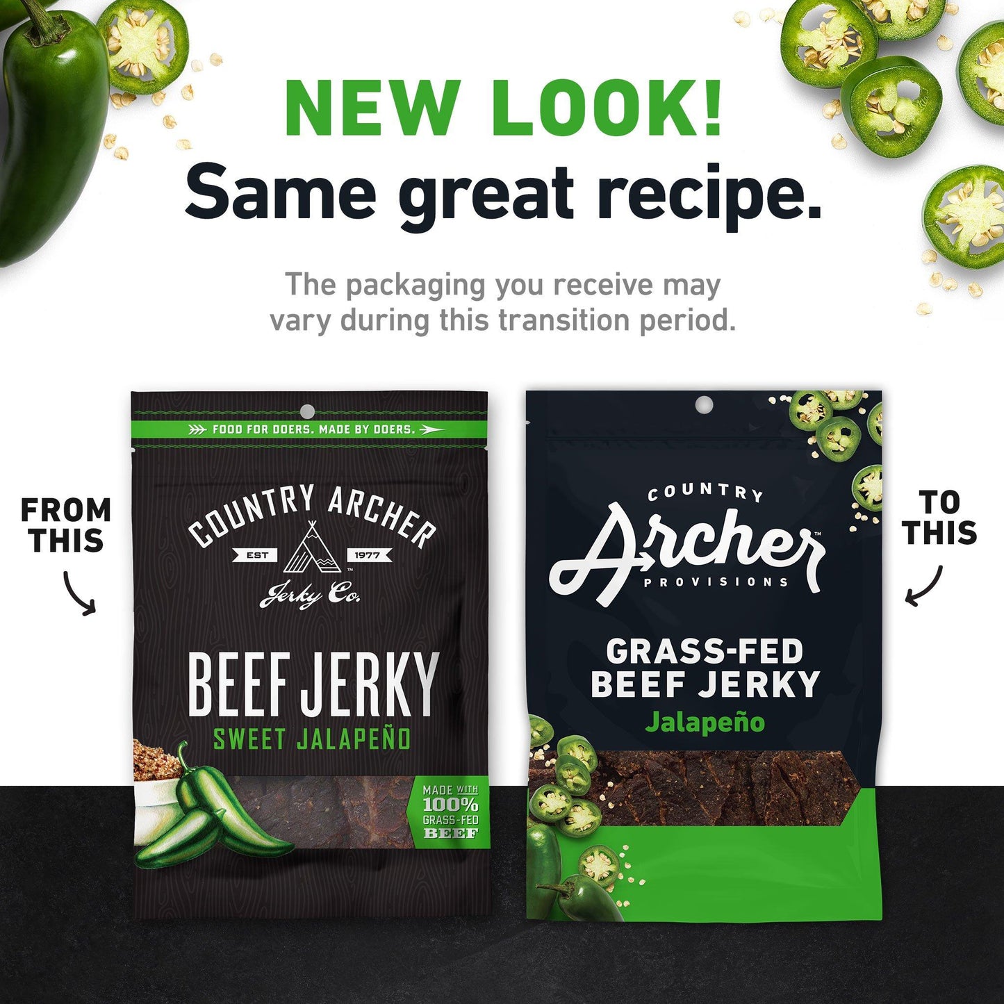  Jalapeño Beef Jerky by Country Archer, Jalapeño Beef Jerky, Beef - Gluten-Free - Gra, jalapeno-beef-jerky, , 2.5oz Bag