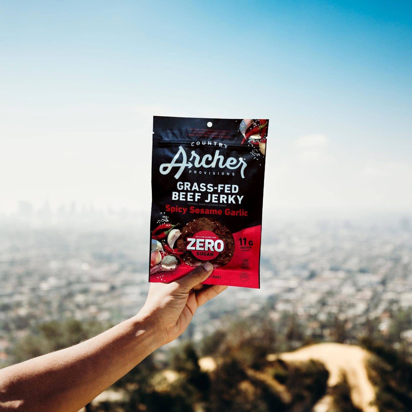 Zero Sugar Spicy Sesame Garlic Beef Jerky by Country Archer, Zero Sugar Spicy Sesame Garlic Beef Jerky, Beef - Gluten-Free - High Protein - Jerky - Jerky_Day_Promo - Keto - No Preservatives - Org, zero-sugar-spicy-sesame-garlic-beef-jerky, , 2oz Bag