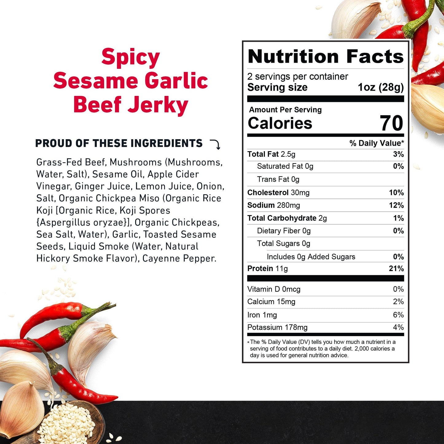 Zero Sugar Spicy Sesame Garlic Beef Jerky by Country Archer, Zero Sugar Spicy Sesame Garlic Beef Jerky, Beef - Gluten-Free - High Protein - Jerky - Jerky_Day_Promo - Keto - No Preservatives - Org, zero-sugar-spicy-sesame-garlic-beef-jerky, , 2oz Bag