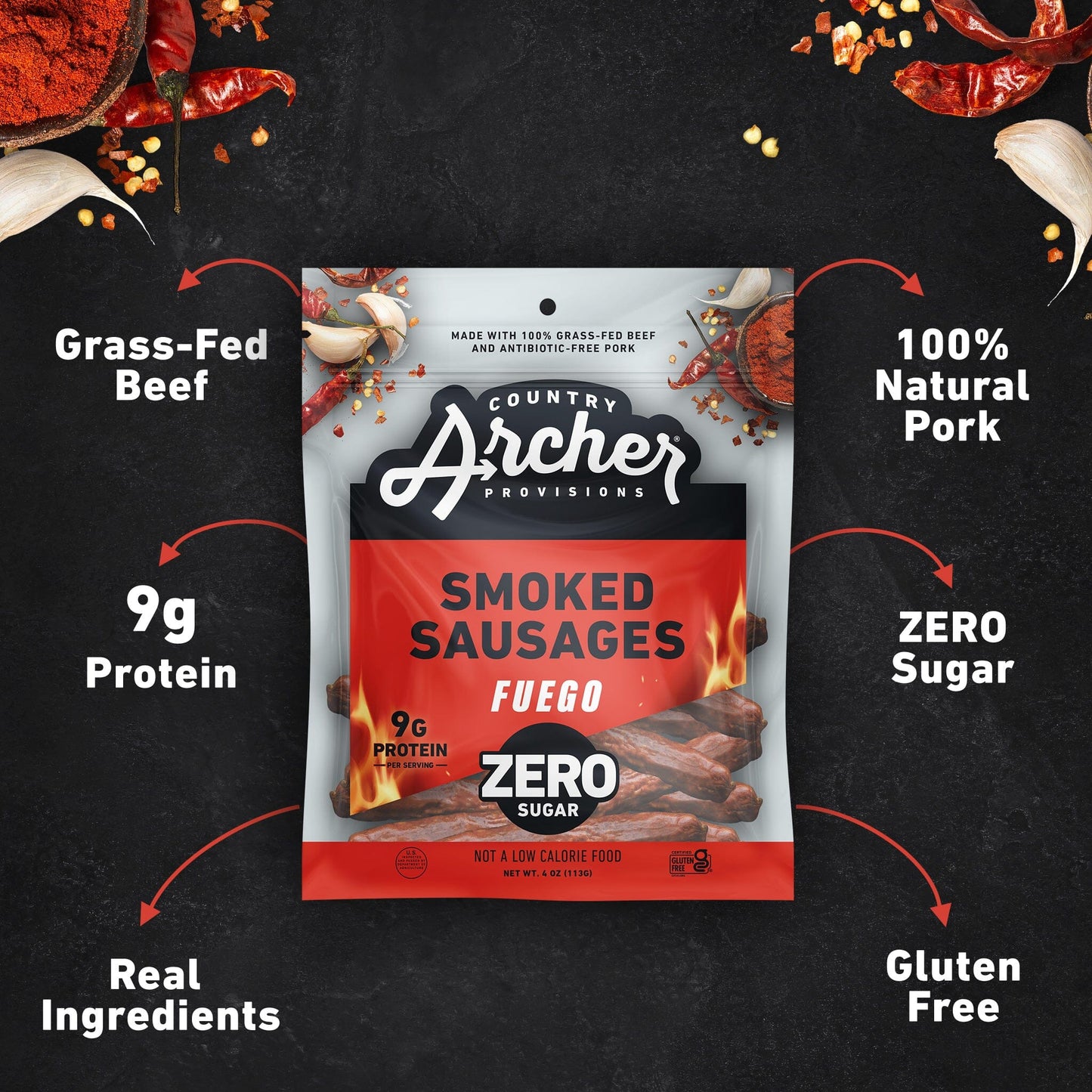 Fuego Smoked Sausage by Country Archer Provisions, Fuego Smoked Sausage, All Natural, fuego-smoked-sausage, , 4oz Bag