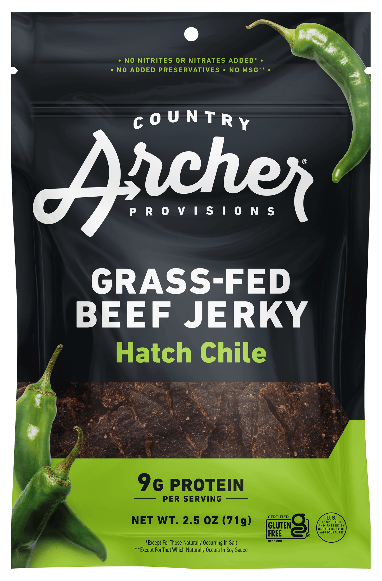 Country Archer Grass-Fed Beef Jerky Hatch Chile 2.5 oz front of package
