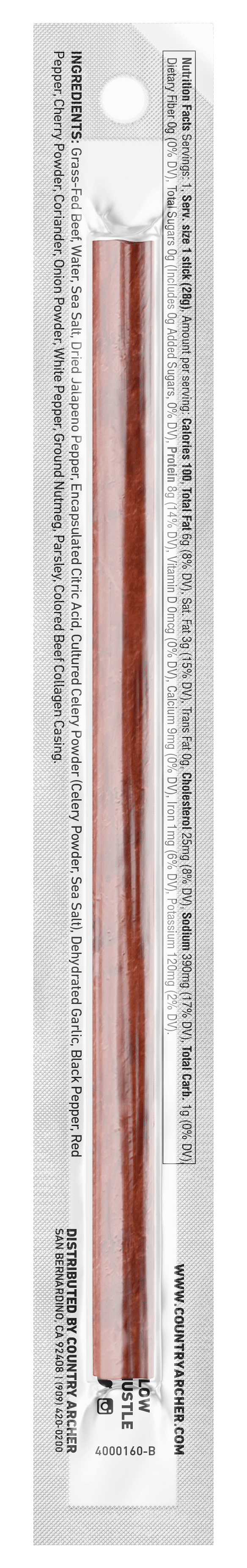 Country Archer Jalapeno grass-fed beef stick back of package