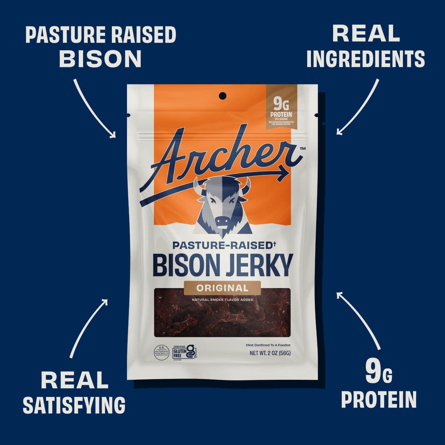 Archer 2 ounce Original Bison Jerky package with featured benefits