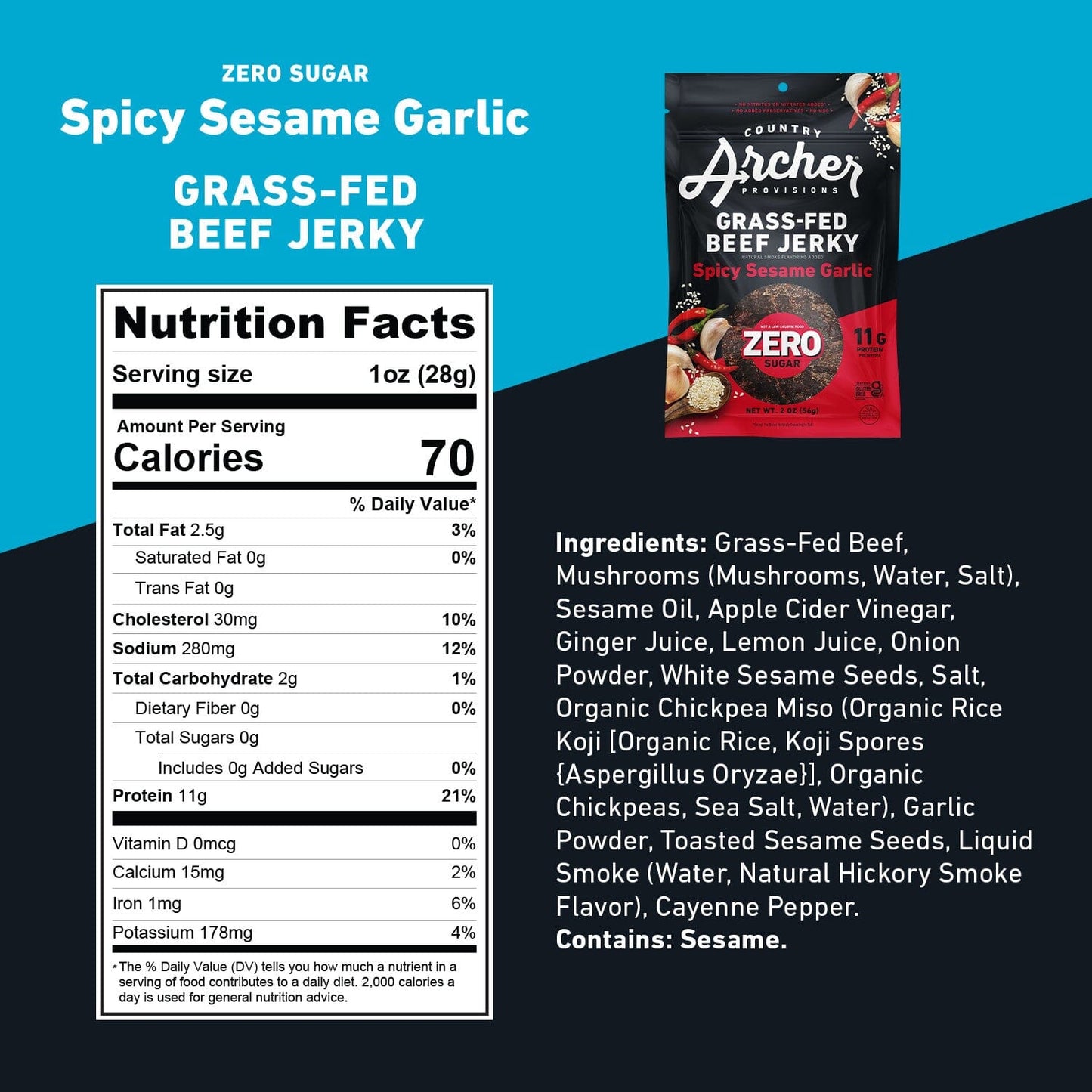 Zero Sugar Spicy Sesame Garlic Beef Jerky Nutritional Information