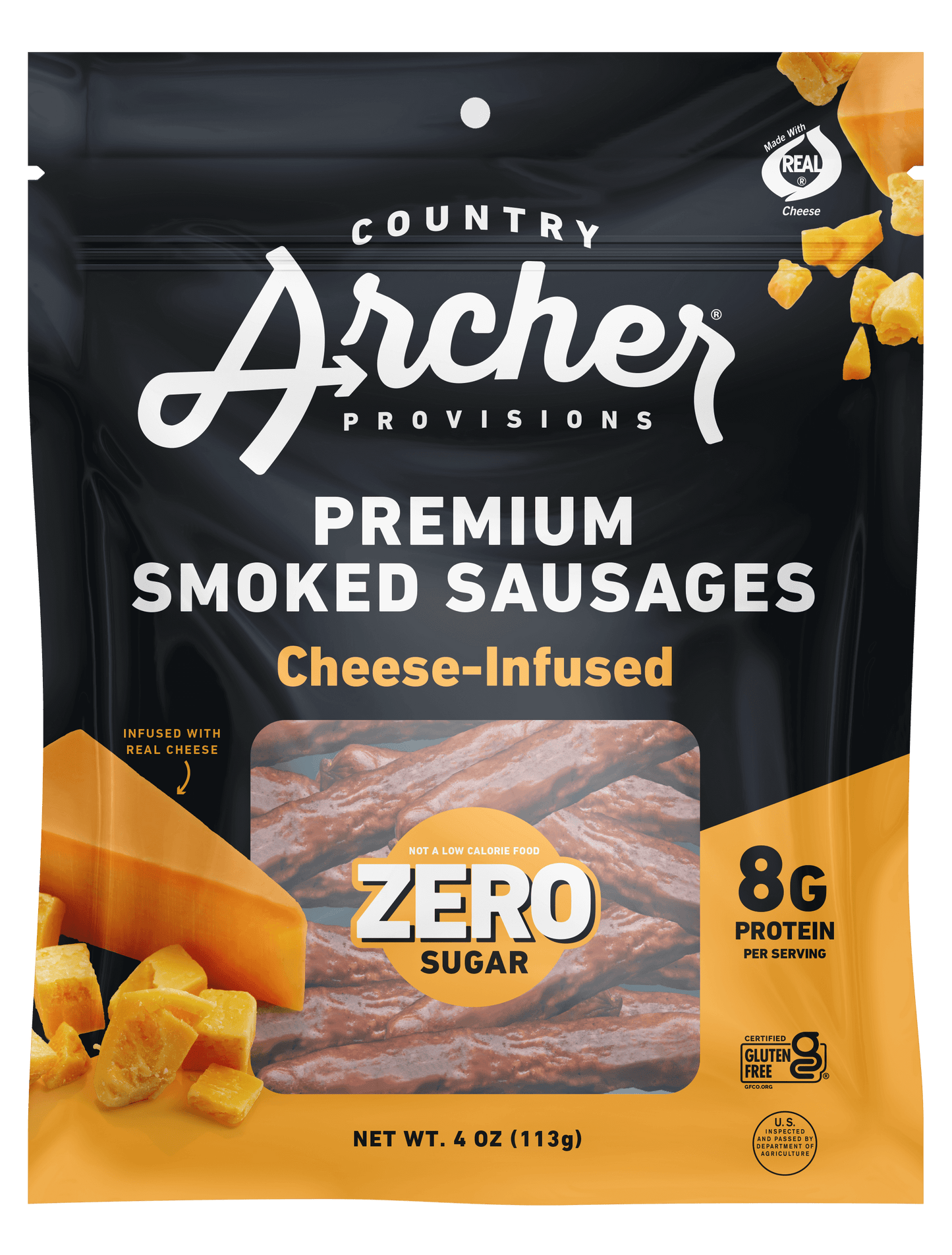 Country Archer Cheese-Infused Smoked Sausages, Zero Sugar, front of bag