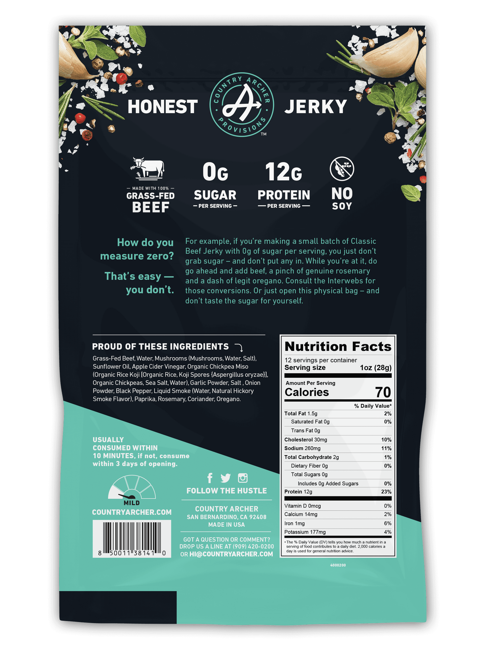 Country Archer Zero Sugar Classic Grass Fed Beef Jerky Back of Package.