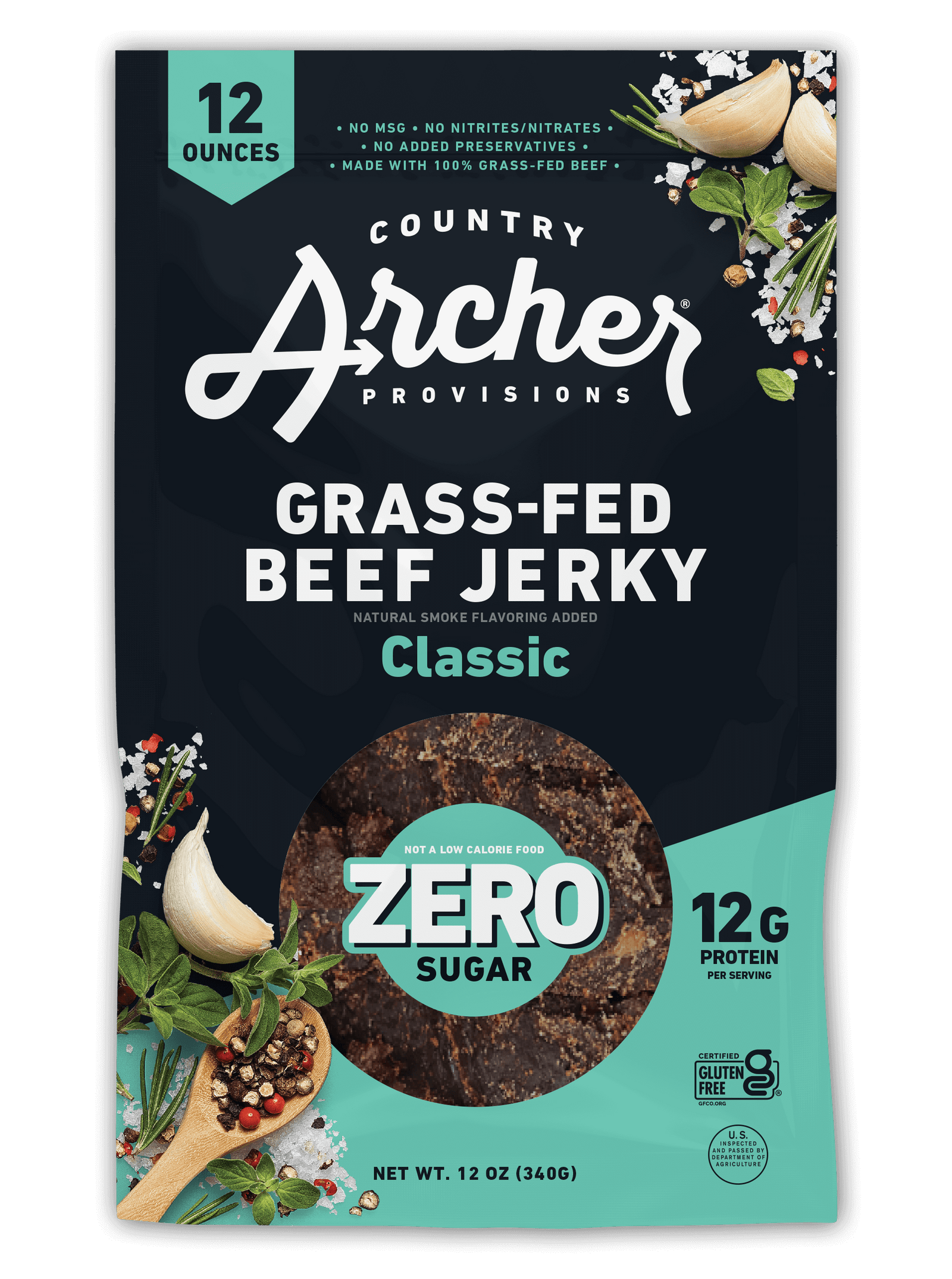 Country Archer Zero Sugar Classic Grass Fed Beef Jerky Front of Package.