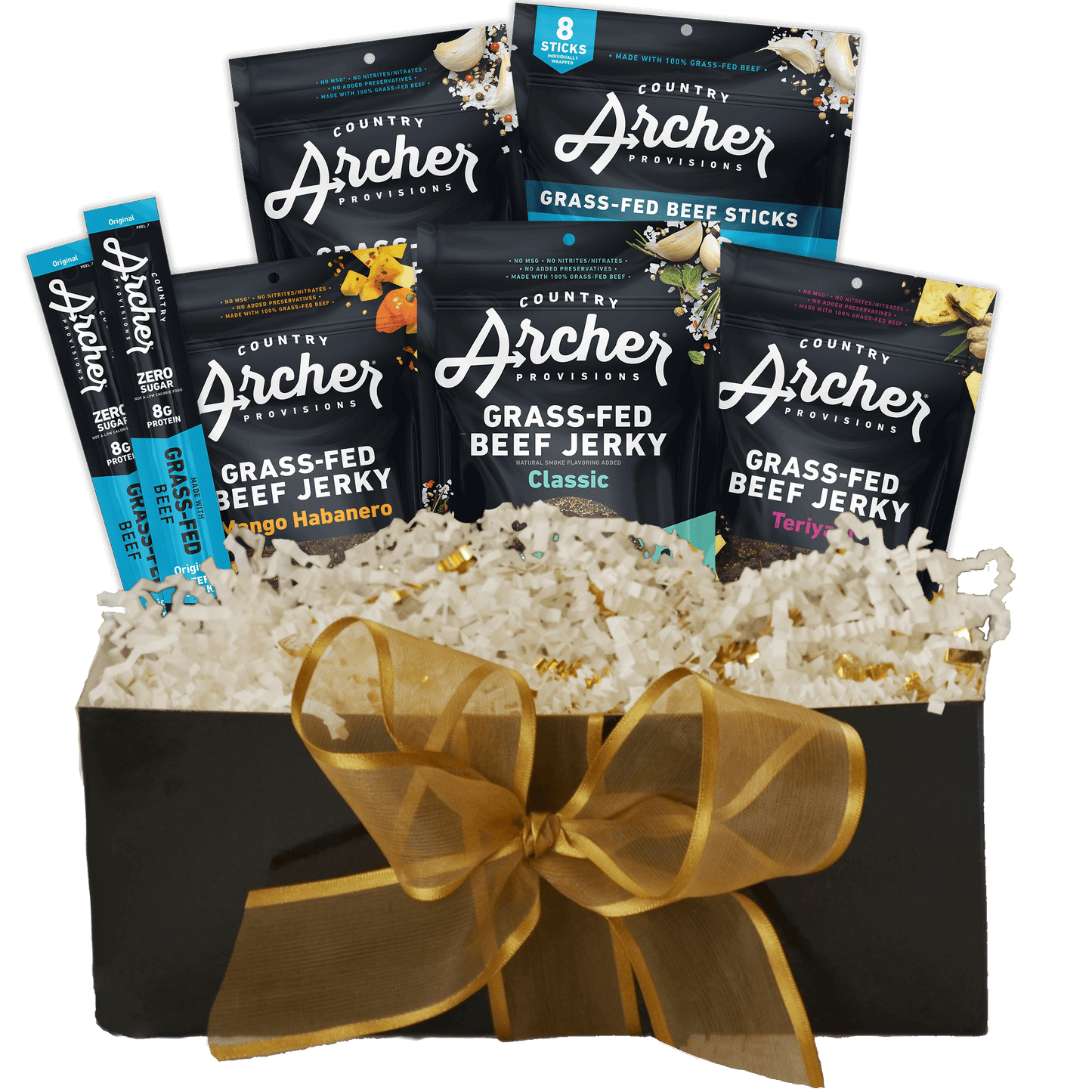 Jerky for the Holiday Gift Box - Country Archer Jerky is the gift they want!! This yummy, thoughtful holiday gift box is packed full of everyone's favorite jerky flavors. Gift Box includes: Original Beef Jerky, 2.5 oz Bag (1), Mango Habanero Beef Jerky, 2.5 oz Bag (1), Teriyaki Beef Jerky, 2.5 oz Bag (1), Zero Sugar Classic Beef Jerky, 2 oz Bag (1), Original Minis, 8 oz Bag (1), Original Beef Jerky Stick, 1 oz (2). All items are Grass-fed Beef. Please note: Box color and ribbon may change.