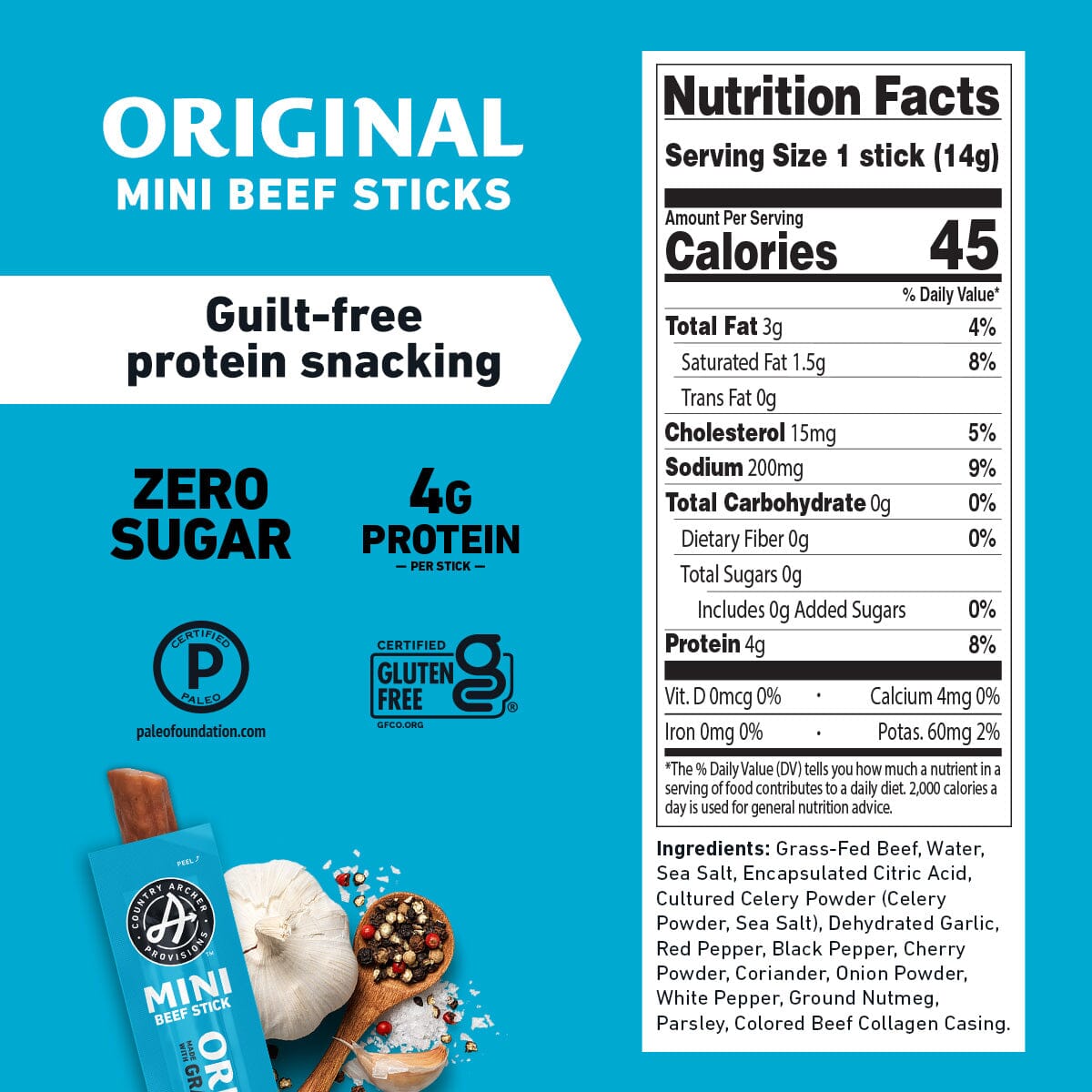 Original mini beef sticks packaging with nutrition facts and gluten-free certification