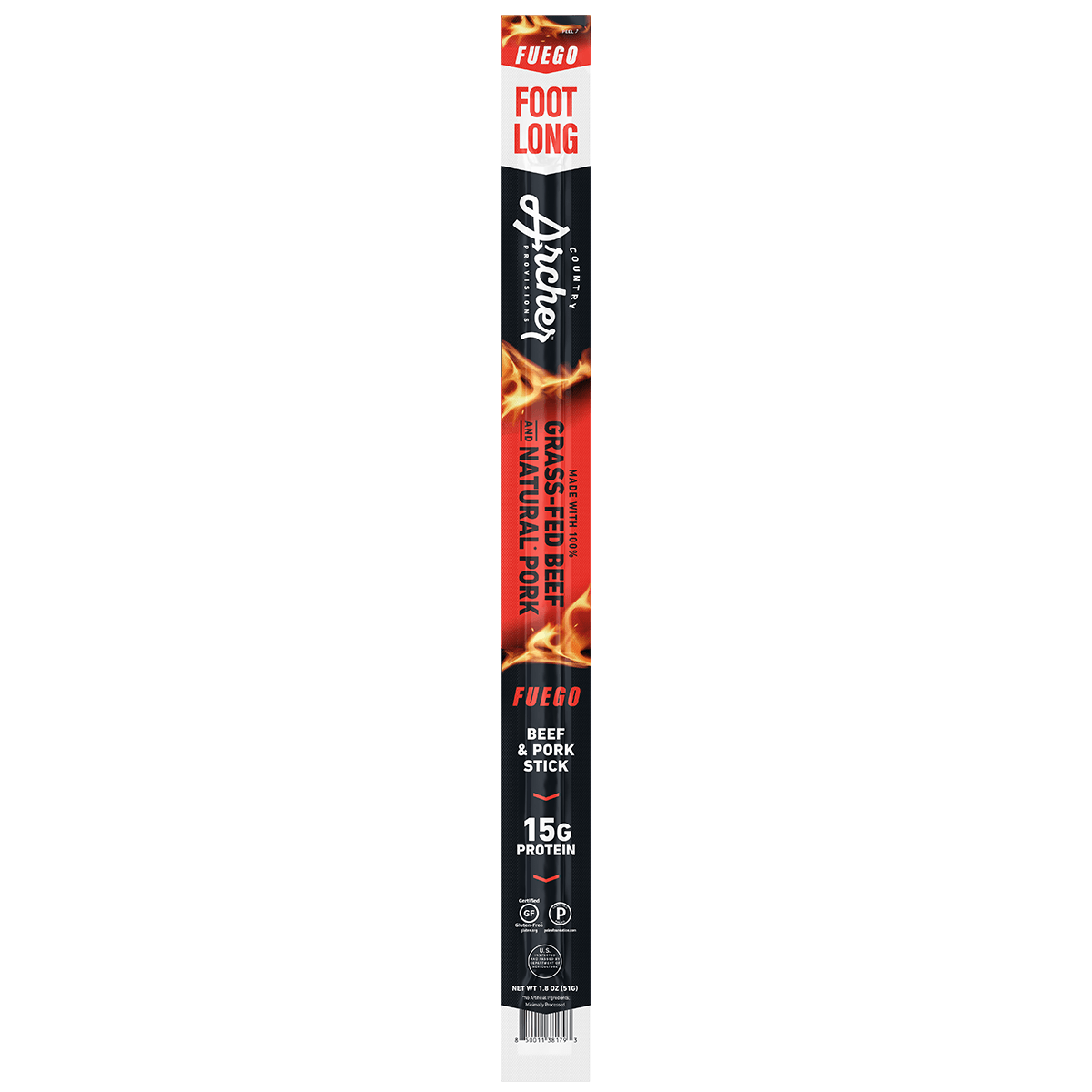  Fuego Footlong Beef & Pork Stick by Country Archer, Fuego Footlong Beef & Pork Stick, Beef - footlong stick - Gluten-Free - Grass Fed Beef - Keto - No Preservatives - Paleo - Real Ingredients - spicy - stick, fuego-footlong-beef-pork-stick, , 1.8oz Stick