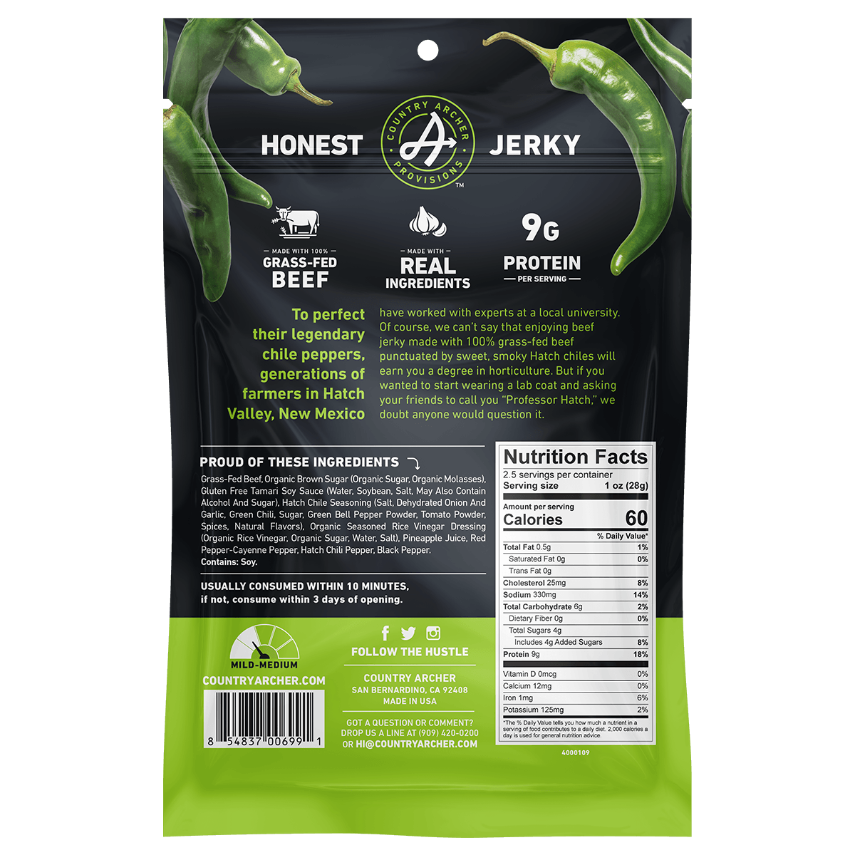  Hatch Chile Beef Jerky by Country Archer, Hatch Chile Beef Jerky, Beef - Gluten-F, hatch-chile-beef-jerky, , 2.5oz Bag