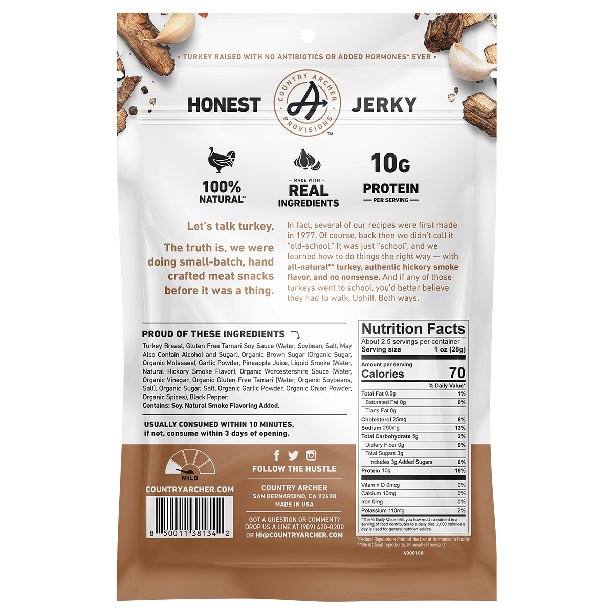  Hickory Smoke Turkey Jerky by Country Archer, Hickory Smoke Turkey Jerky, All, hickory-smoke-turkey-jerky, , 2.5oz Bag