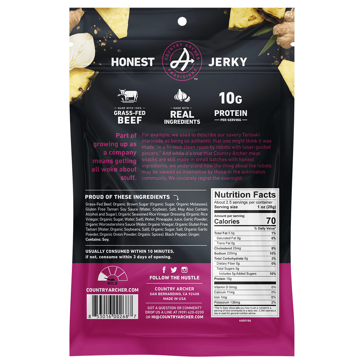  Teriyaki Beef Jerky by Country Archer, Teriyaki Beef Jerky, Beef - Gluten-Free - Gra, teriyaki-beef-jerky, , 2.5oz Bag