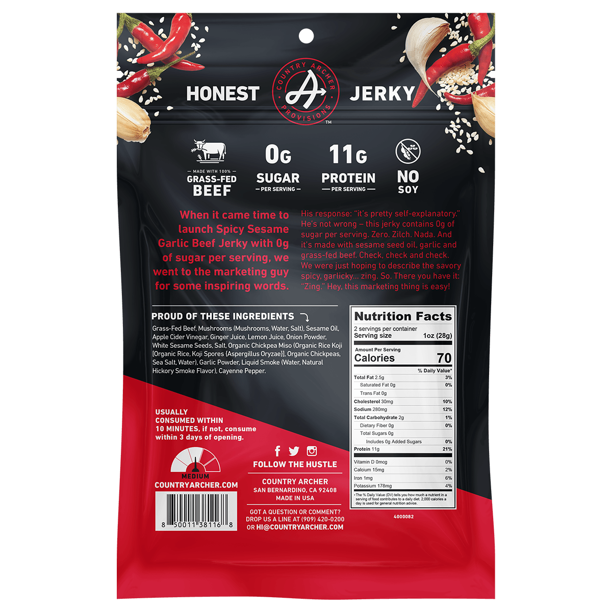  Zero Sugar Spicy Sesame Garlic Beef Jerky by Country Archer, Zero Sugar Spicy Sesame Garlic Beef Jerky, Beef - Gluten-Free - High Protein - Jerky - Jerky_Day_Promo - Keto - No Preservatives - Org, zero-sugar-spicy-sesame-garlic-beef-jerky, , 2oz Bag