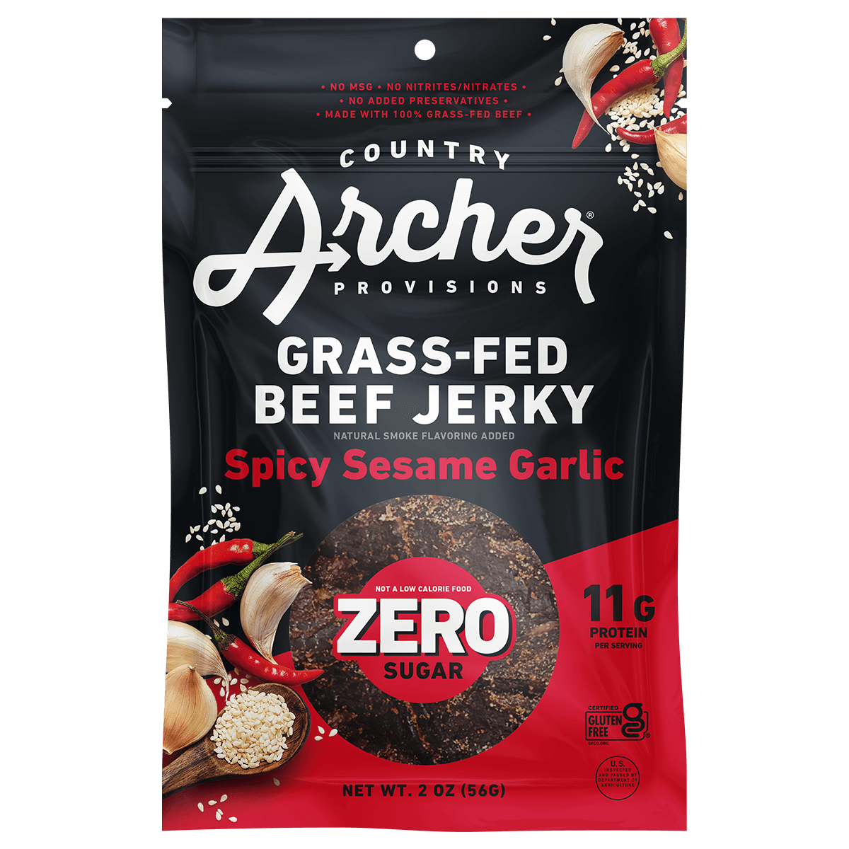  Zero Sugar Spicy Sesame Garlic Beef Jerky by Country Archer, Zero Sugar Spicy Sesame Garlic Beef Jerky, Beef - Gluten-Free - High Protein - Jerky - Jerky_Day_Promo - Keto - No Preservatives - Org, zero-sugar-spicy-sesame-garlic-beef-jerky, , 2oz Bag