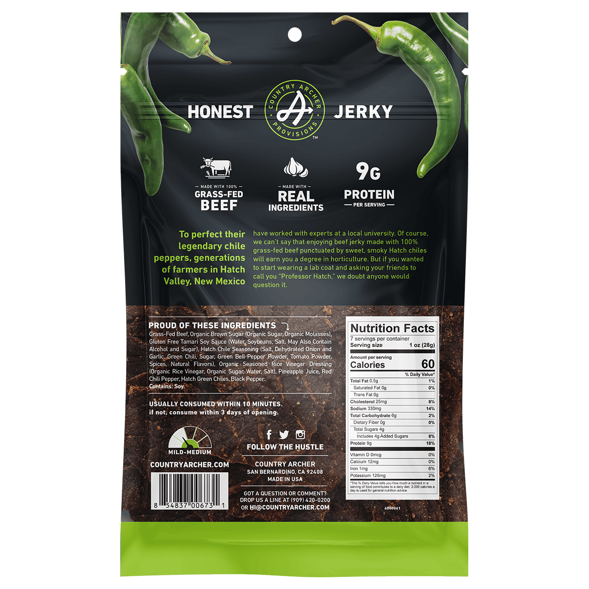  Hatch Chile Beef Jerky by Country Archer, Hatch Chile Beef Jerky, Beef - Gluten-F, hatch-chile-beef-jerky, , 2.5oz Bag