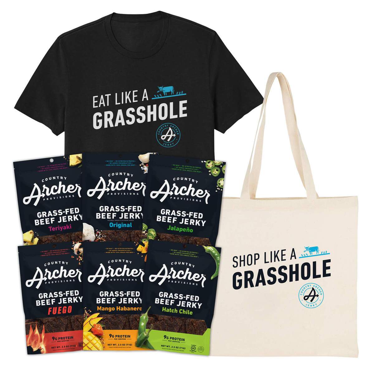  Grass-fed Beef Jerky Gift Pack w/ Tote by Country Archer, Grass-fed Beef Jerky Gift Pack w/ Tote, , grass-fed-beef-jerky-gift-pack-w-tote, , Pack with Small Unisex T-Shirt