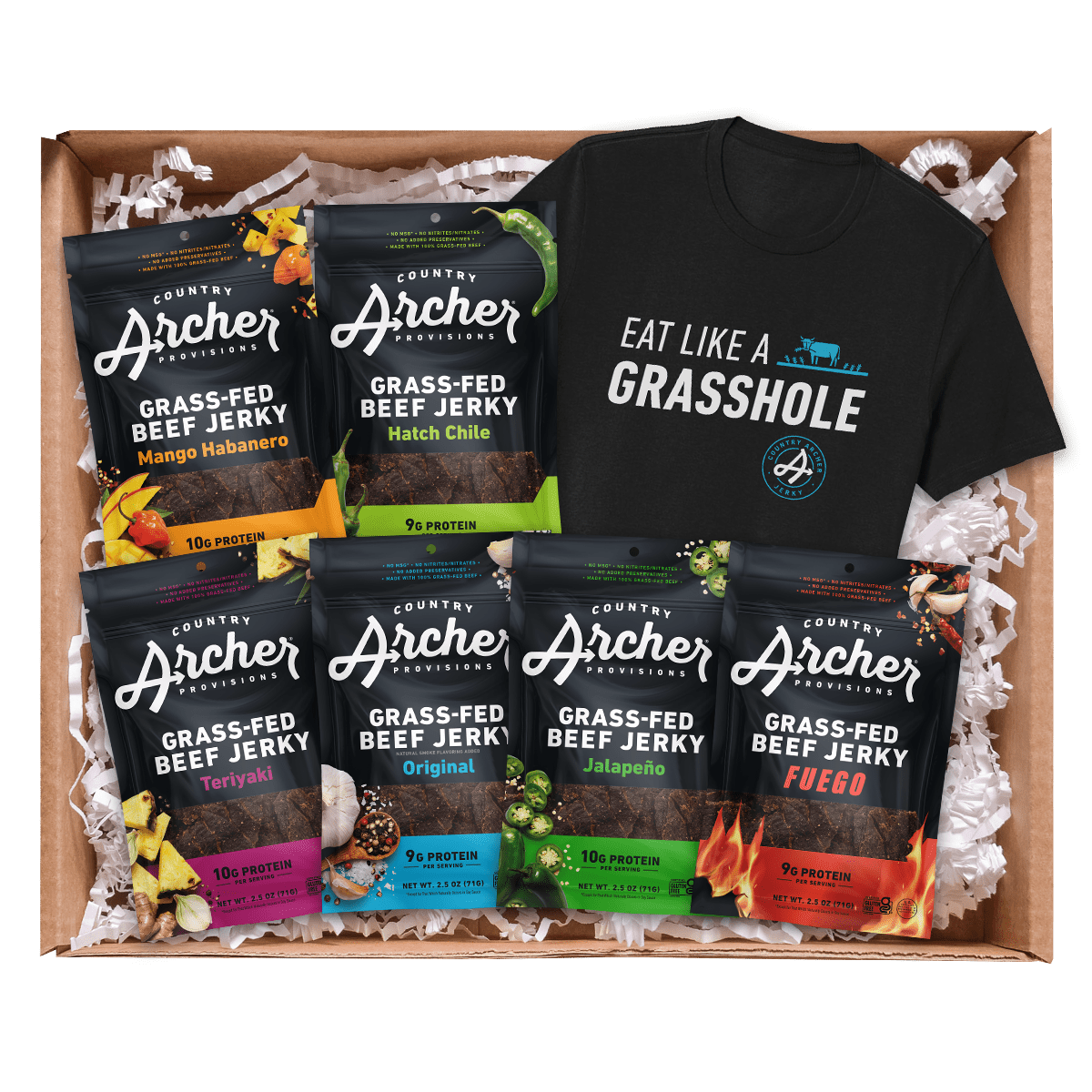  Grass-fed Beef Jerky Gift Pack by Country Archer, Grass-fed Beef Jerky Gift Pack, gifts - Grass Fed Beef, grass-fed-beef-jerky-gift-pack, , Pack with Small Unisex T-Shirt